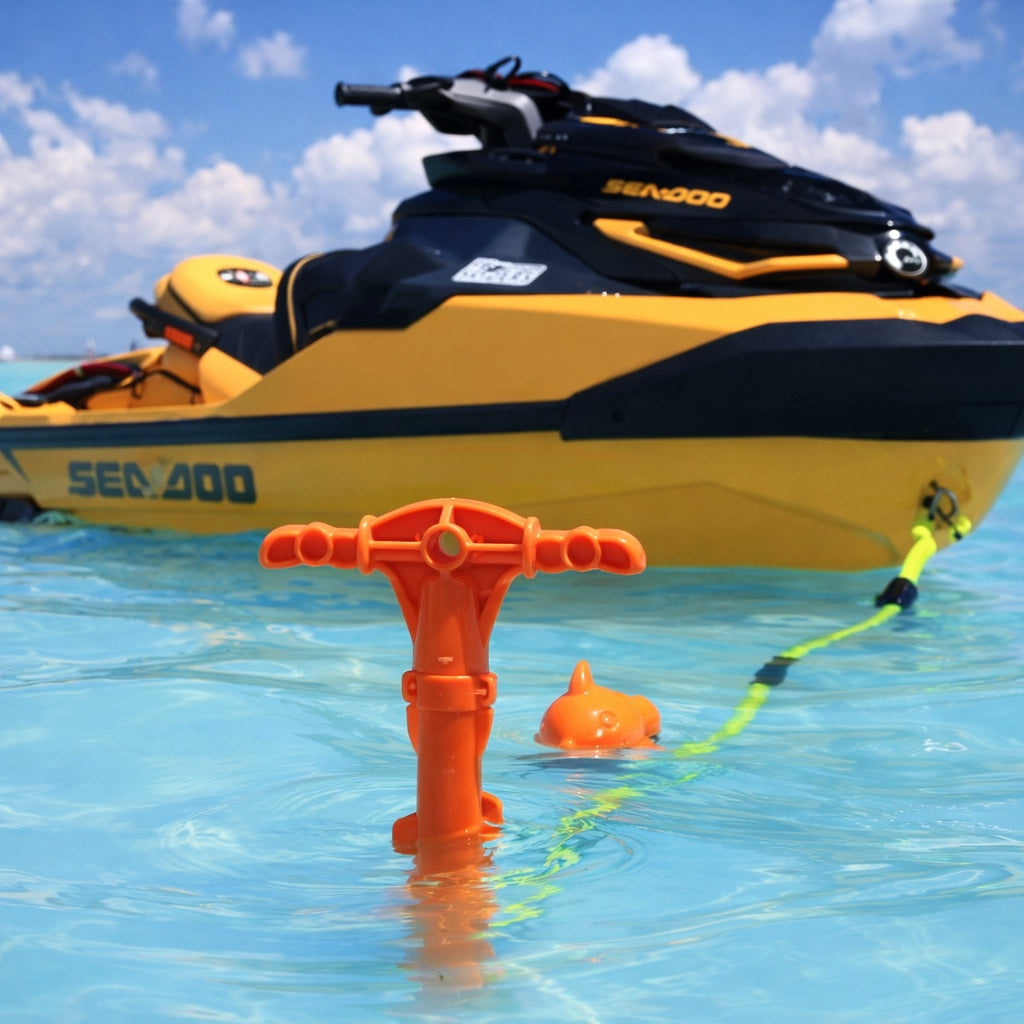 Jet skis secured with SandShark anchors at a Florida sandbar