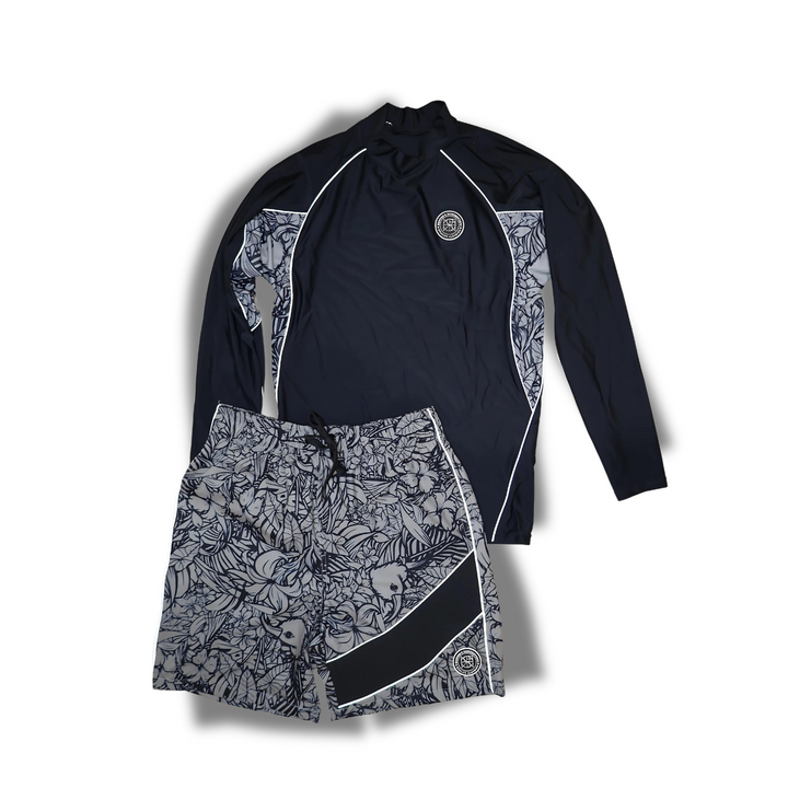 KEKOA MEN'S REFLECTIVE RASH GUARD SHIRT AND SWIM TRUNK SET