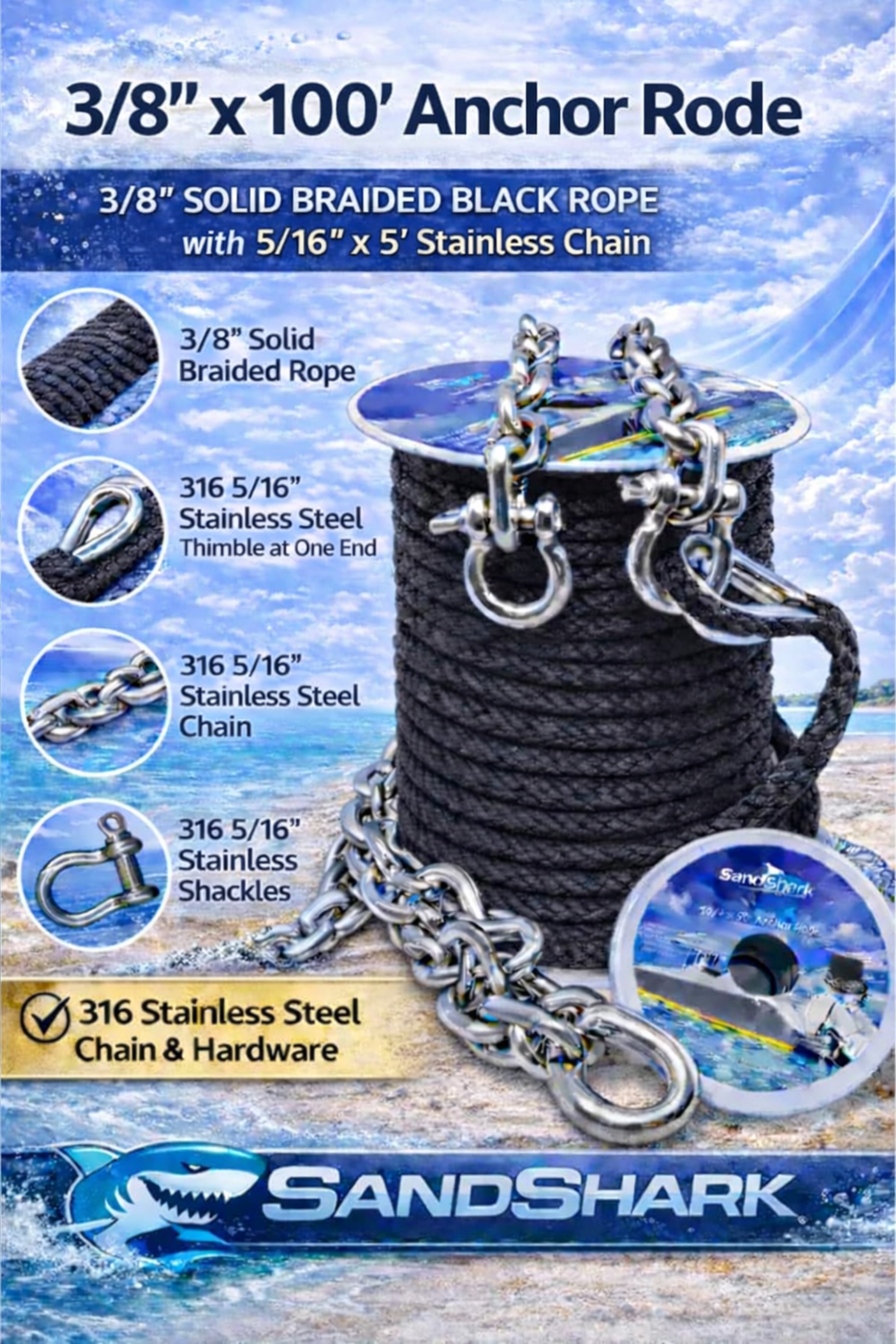 SandShark 100ft Solid Braid 3/8 Anchor Line, 5ft Stainless Steel Anchor Chain, All in One line and Chain Bundle, Works with All Anchors