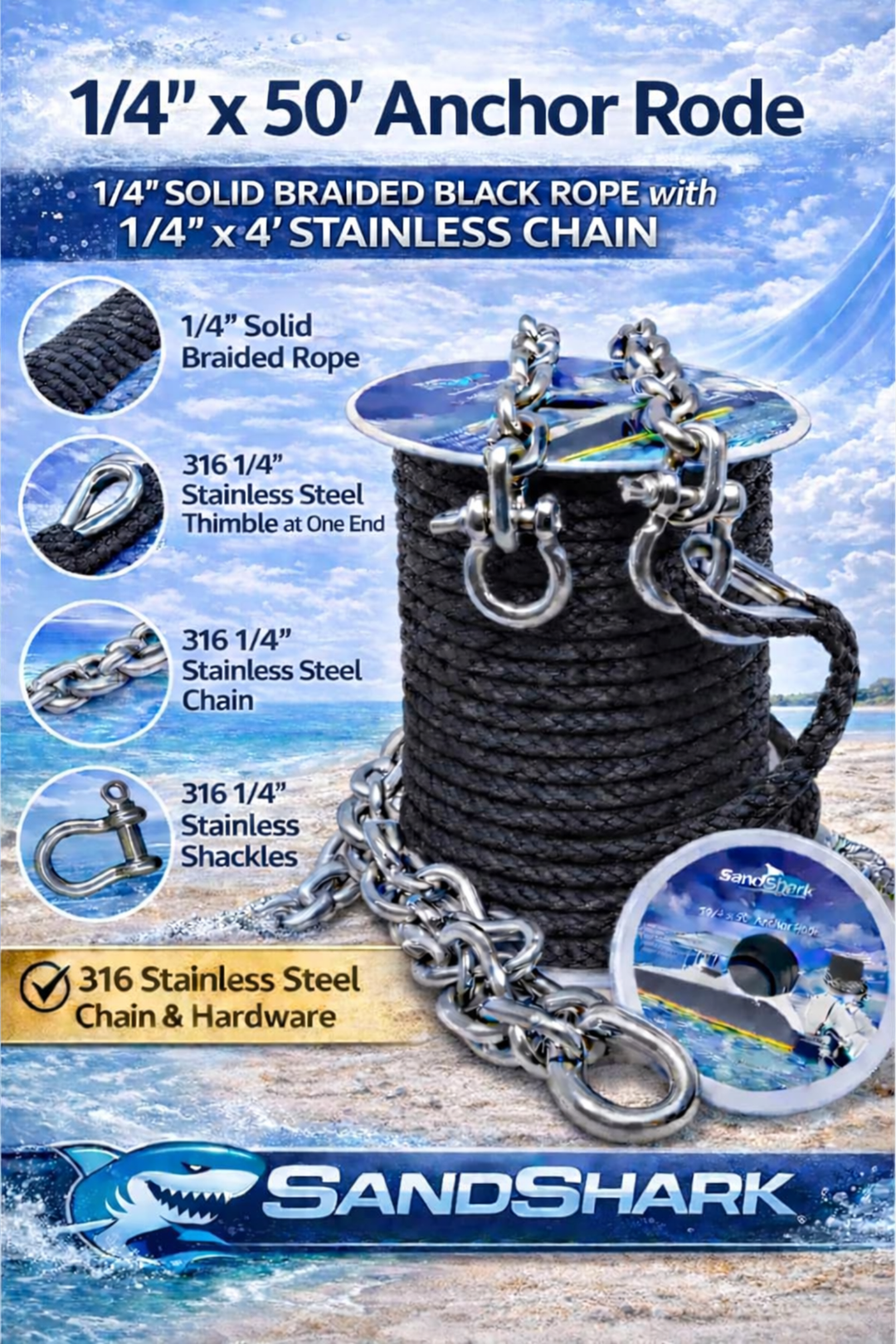 SandShark 50ft x 1/4in Solid Braid Anchor Line, 4ft Stainless Steel Anchor Chain, All in One line and Chain Bundle, Works with All Anchors and Boats.
