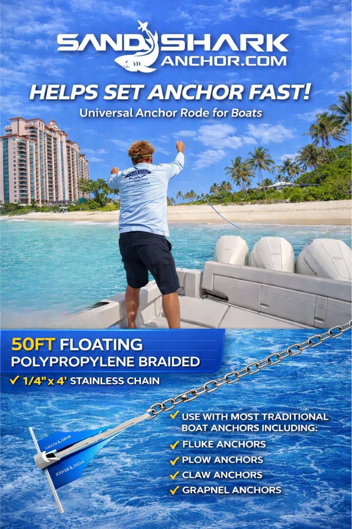 SandShark 50ft x 1/4in Solid Braid Anchor Line, 4ft Stainless Steel Anchor Chain, All in One line and Chain Bundle, Works with All Anchors and Boats.