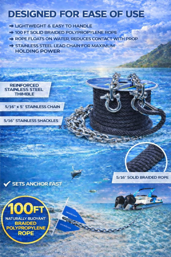 SandShark 100ft Solid Braid 3/8 Anchor Line, 5ft Stainless Steel Anchor Chain, All in One line and Chain Bundle, Works with All Anchors