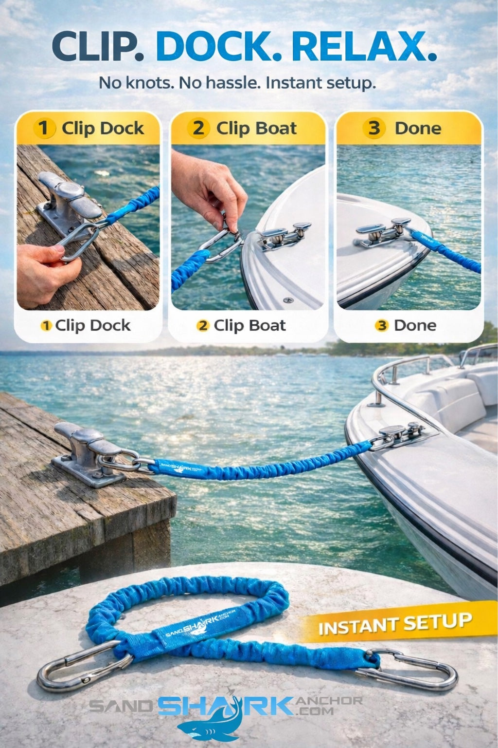 SandShark Premium Flat Bungee Line. Stretches 4-7'. Anchor and Dock Line for Boats, Jet Skis, and Pontoons. 2 Pack