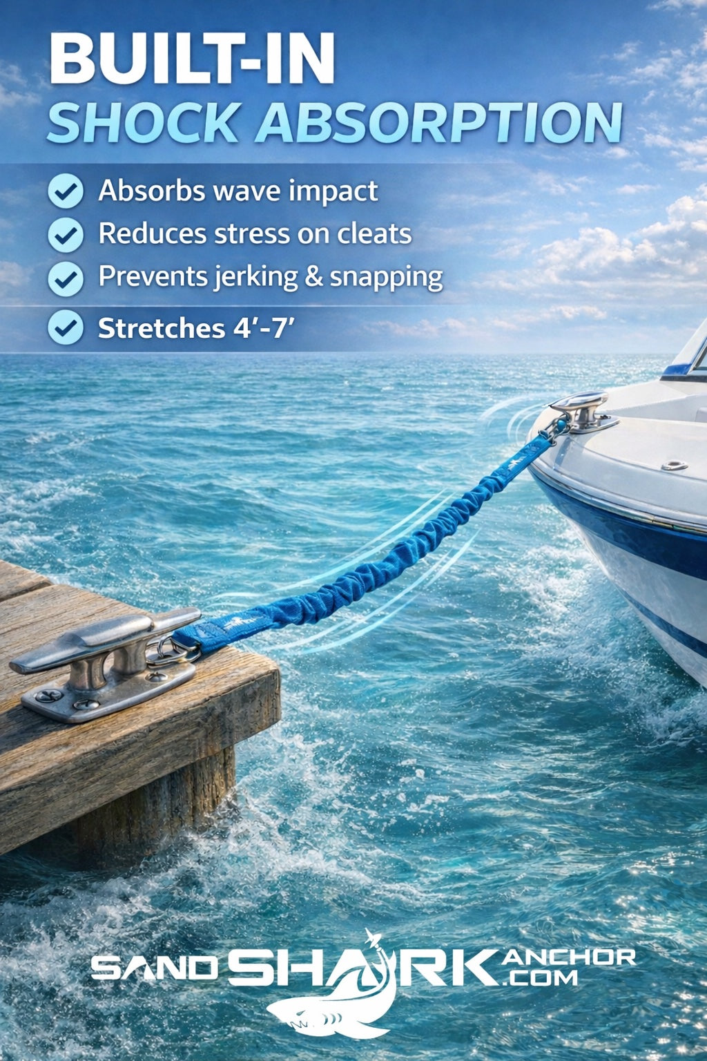 SandShark Premium Flat Bungee Line. Stretches 4-7'. Anchor and Dock Line for Boats, Jet Skis, and Pontoons. 2 Pack
