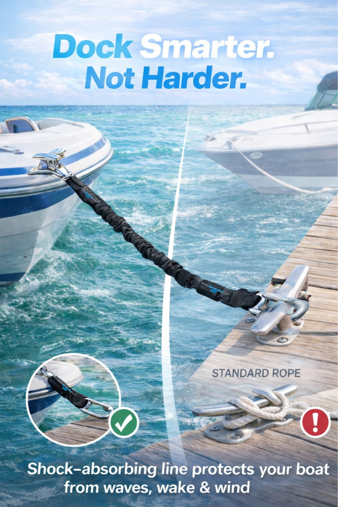 SandShark Premium Flat Bungee Line. Stretches 4-7'. Anchor and Dock Line for Boats, Jet Skis, and Pontoons. 2 Pack
