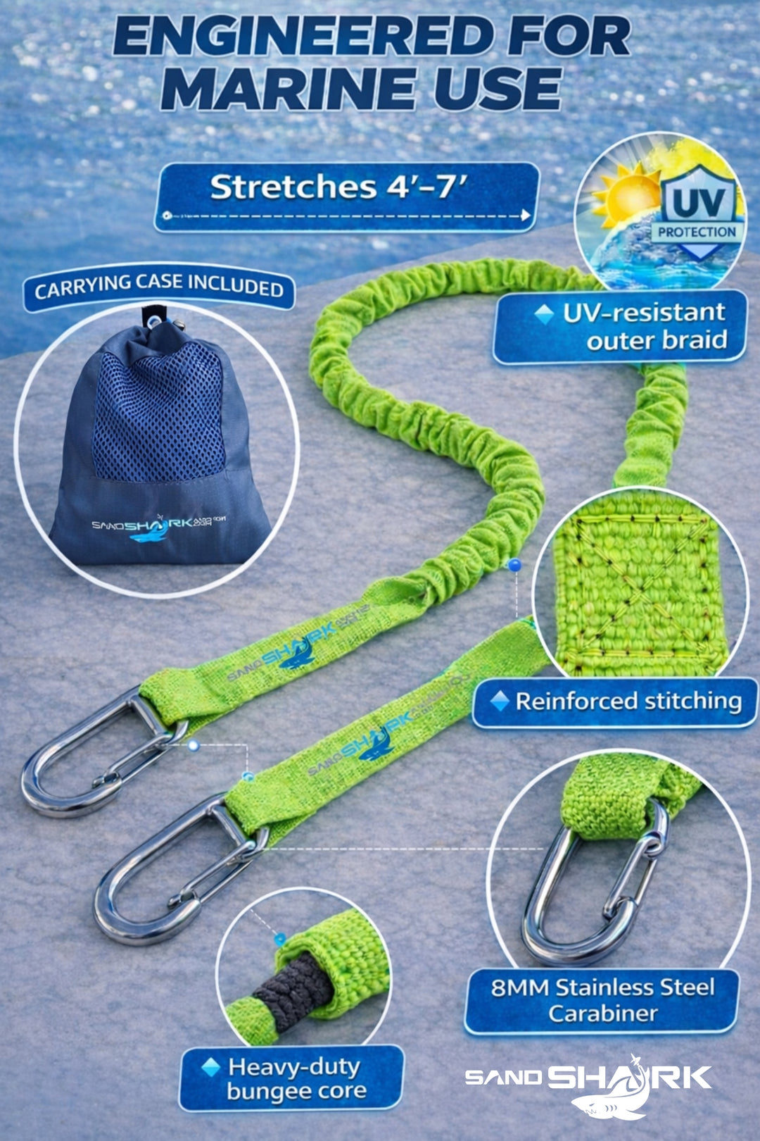 SandShark Premium Flat Bungee Line. Stretches 4-7'. Anchor and Dock Line for Boats, Jet Skis, and Pontoons. 2 Pack