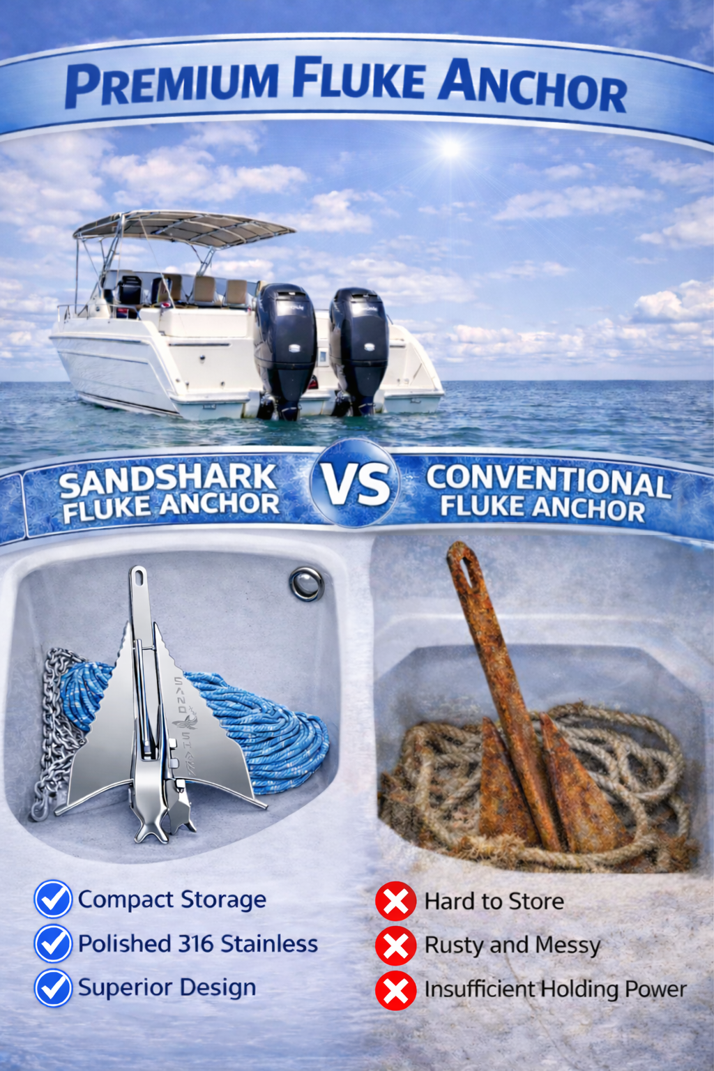 SandShark Premium Stainless Steel Fluke Anchor-Retractable Shaft, Easy Storage-Aluminum Pontoon Boat Anchor, Boats up to 35 ft. Sand Anchor for Boat, Boat Anchor. 12 lbs.
