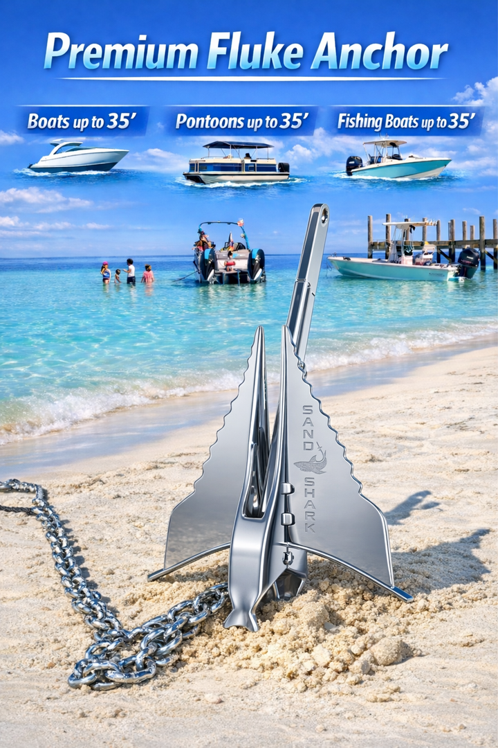 SandShark Premium Stainless Steel Fluke Anchor-Retractable Shaft, Easy Storage-Aluminum Pontoon Boat Anchor, Boats up to 35 ft. Sand Anchor for Boat, Boat Anchor. 12 lbs.
