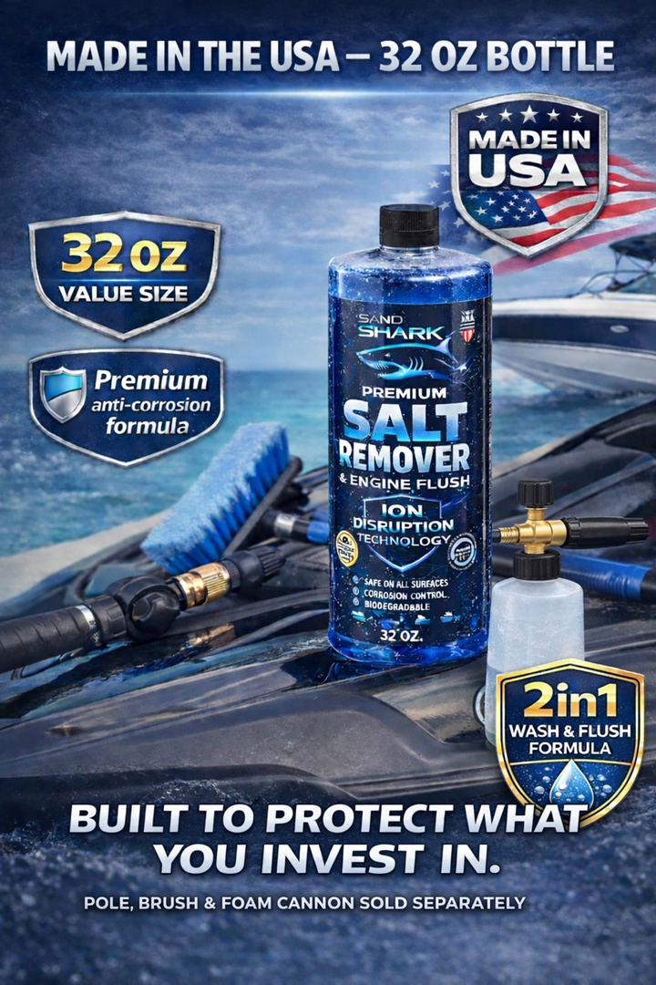 SandShark 2-in-1 Salt Remover & Engine Flush Boat Cleaner – pH-Balanced Formula for Exterior Washing & Engine Flushing, Multi-Surface Marine & Powersports Cleaner, 32 oz