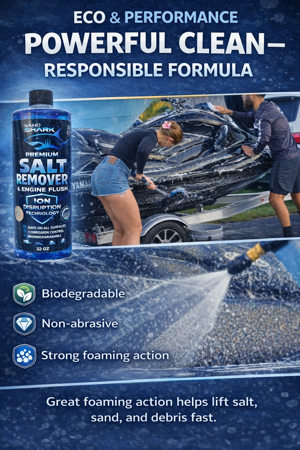 SandShark 2-in-1 Salt Remover & Engine Flush Boat Cleaner – pH-Balanced Formula for Exterior Washing & Engine Flushing, Multi-Surface Marine & Powersports Cleaner, 32 oz