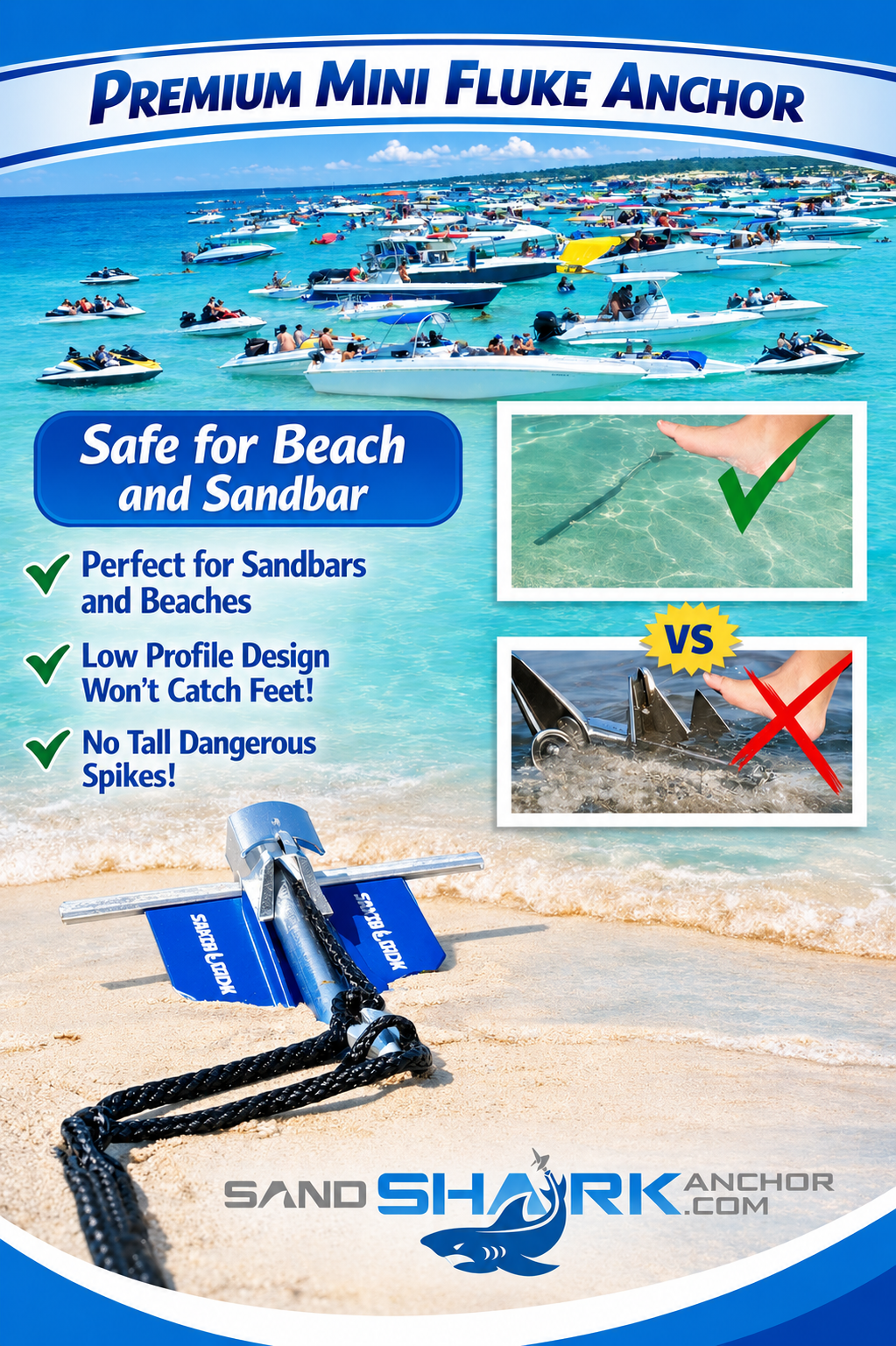 Mini Fluke Anchor– Compact, Powerful Anchor for Jet Skis, PWCs, Kayak, & Small Boats (Anchor, Line, Case)