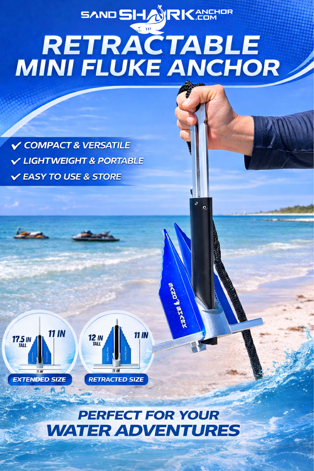 Mini Fluke Anchor– Compact, Powerful Anchor for Jet Skis, PWCs, Kayak, & Small Boats (Anchor, Line, Case)