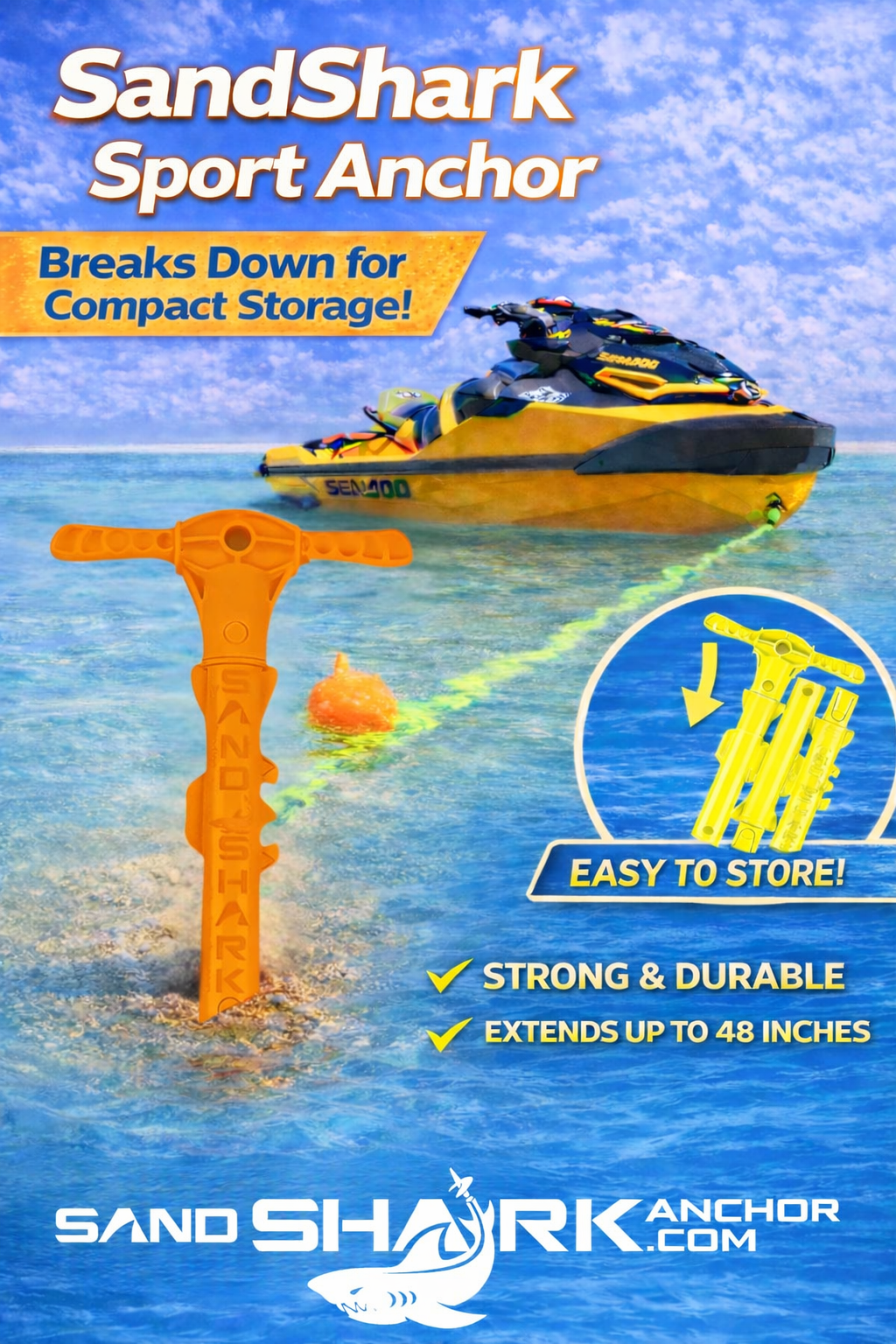 Sport Anchor - Shallow Water Anchor Pole for Boats and PWC. Easy Storage, High-Strength ABS (4' tall)