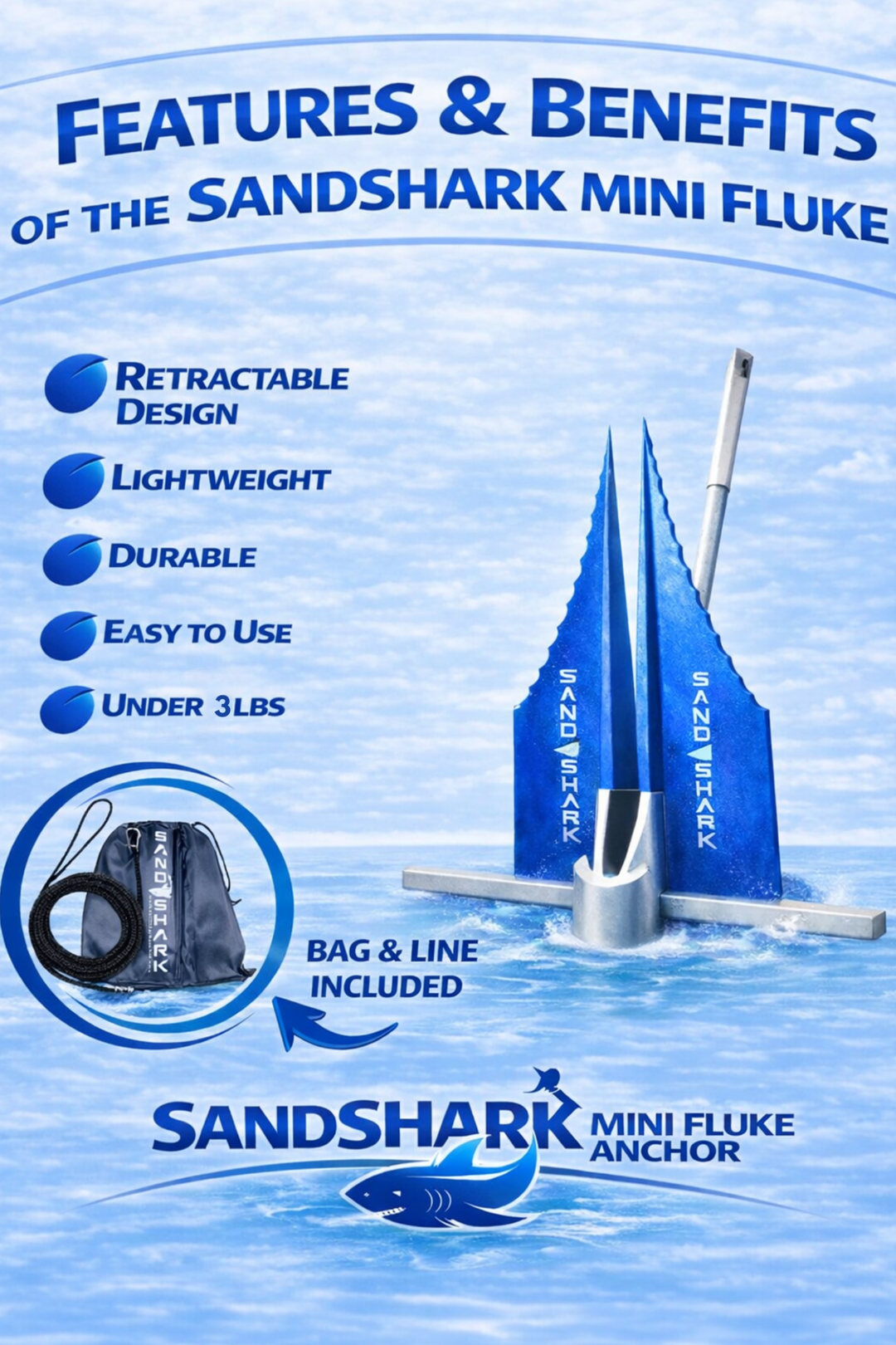 Mini Fluke Anchor– Compact, Powerful Anchor for Jet Skis, PWCs, Kayak, & Small Boats (Anchor, Line, Case)