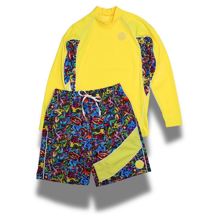 MAO MEN'S REFLECTIVE RASH GUARD SHIRT AND SWIM TRUNK SET