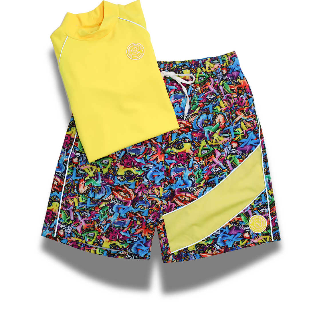 MAO MEN'S REFLECTIVE RASH GUARD SHIRT AND SWIM TRUNK SET