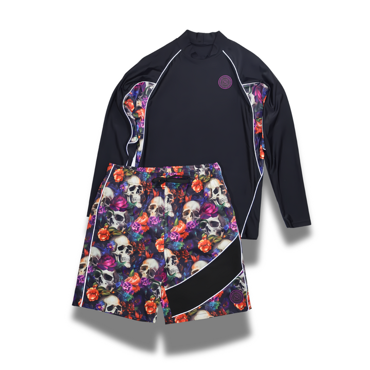 WAIHO'OLU'U REFLECTIVE MEN'S RASH GUARD SHIRT AND SWIM TRUNK SET