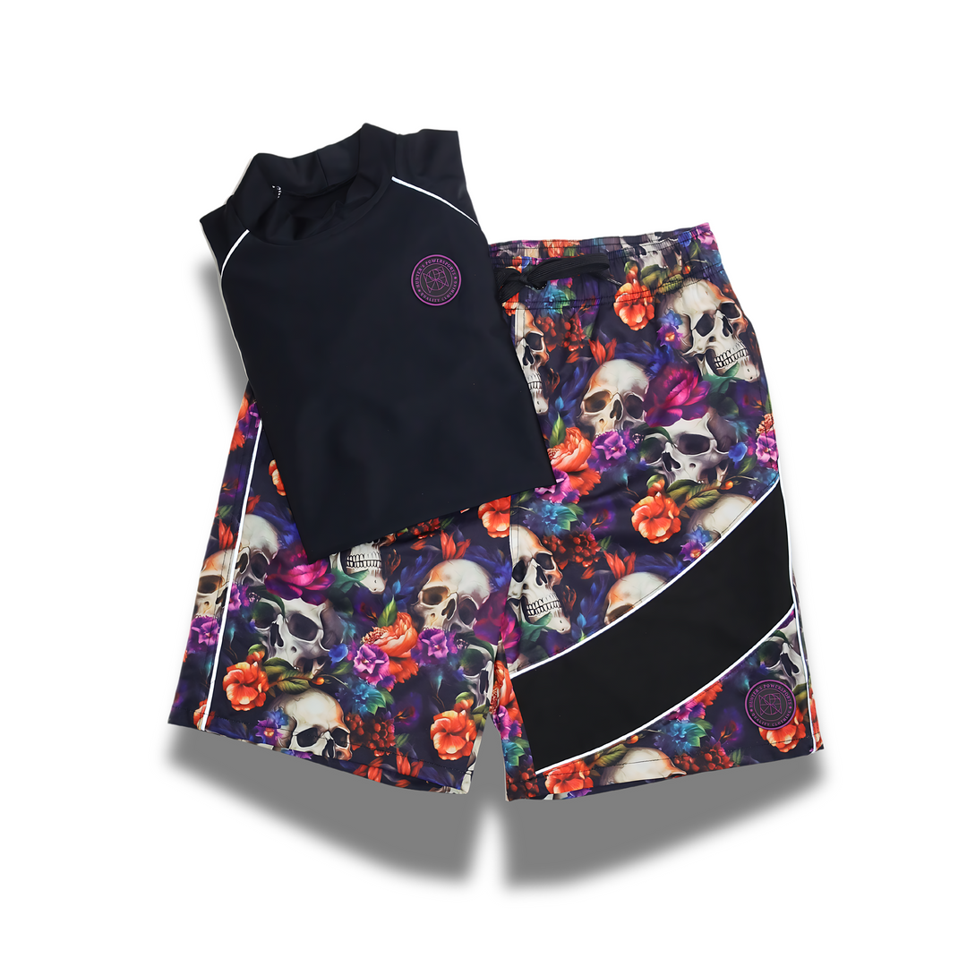 WAIHO'OLU'U REFLECTIVE MEN'S RASH GUARD SHIRT AND SWIM TRUNK SET