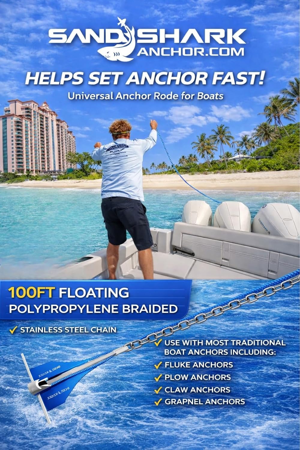 SandShark 100ft Solid Braid 3/8 Anchor Line, 5ft Stainless Steel Anchor Chain, All in One line and Chain Bundle, Works with All Anchors