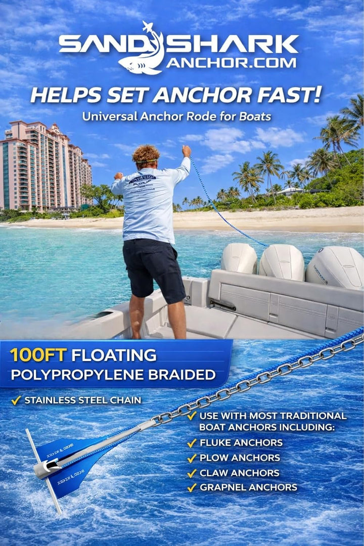 SandShark 100ft Solid Braid 3/8 Anchor Line, 5ft Stainless Steel Anchor Chain, All in One line and Chain Bundle, Works with All Anchors