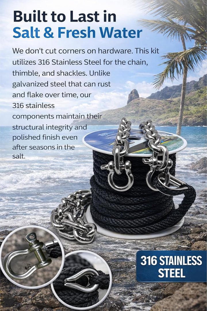 SandShark 50ft x 1/4in Solid Braid Anchor Line, 4ft Stainless Steel Anchor Chain, All in One line and Chain Bundle, Works with All Anchors and Boats.