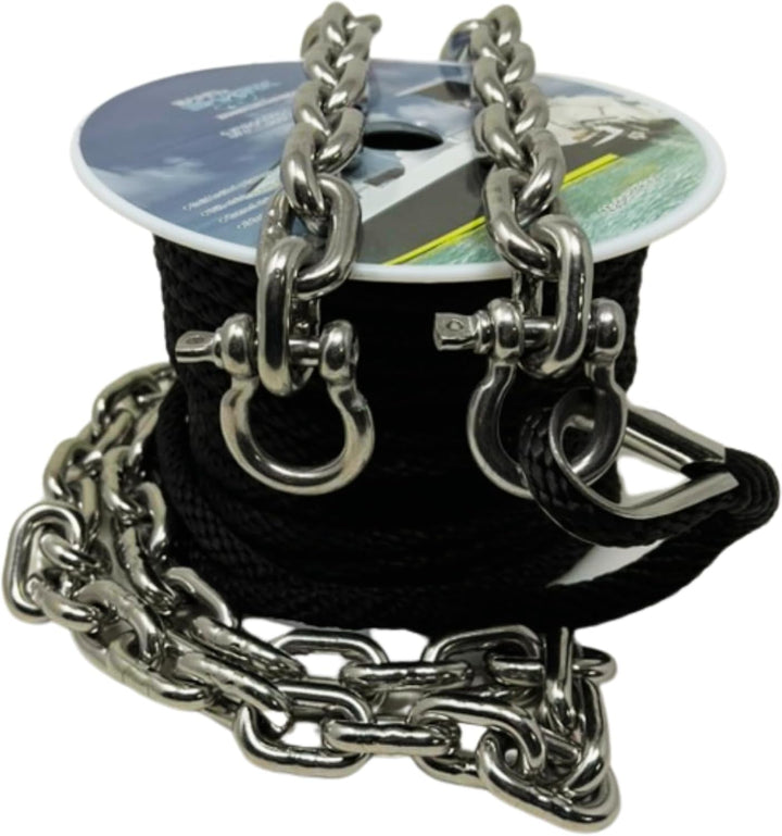 SandShark 50ft x 1/4in Solid Braid Anchor Line, 4ft Stainless Steel Anchor Chain, All in One line and Chain Bundle, Works with All Anchors and Boats.