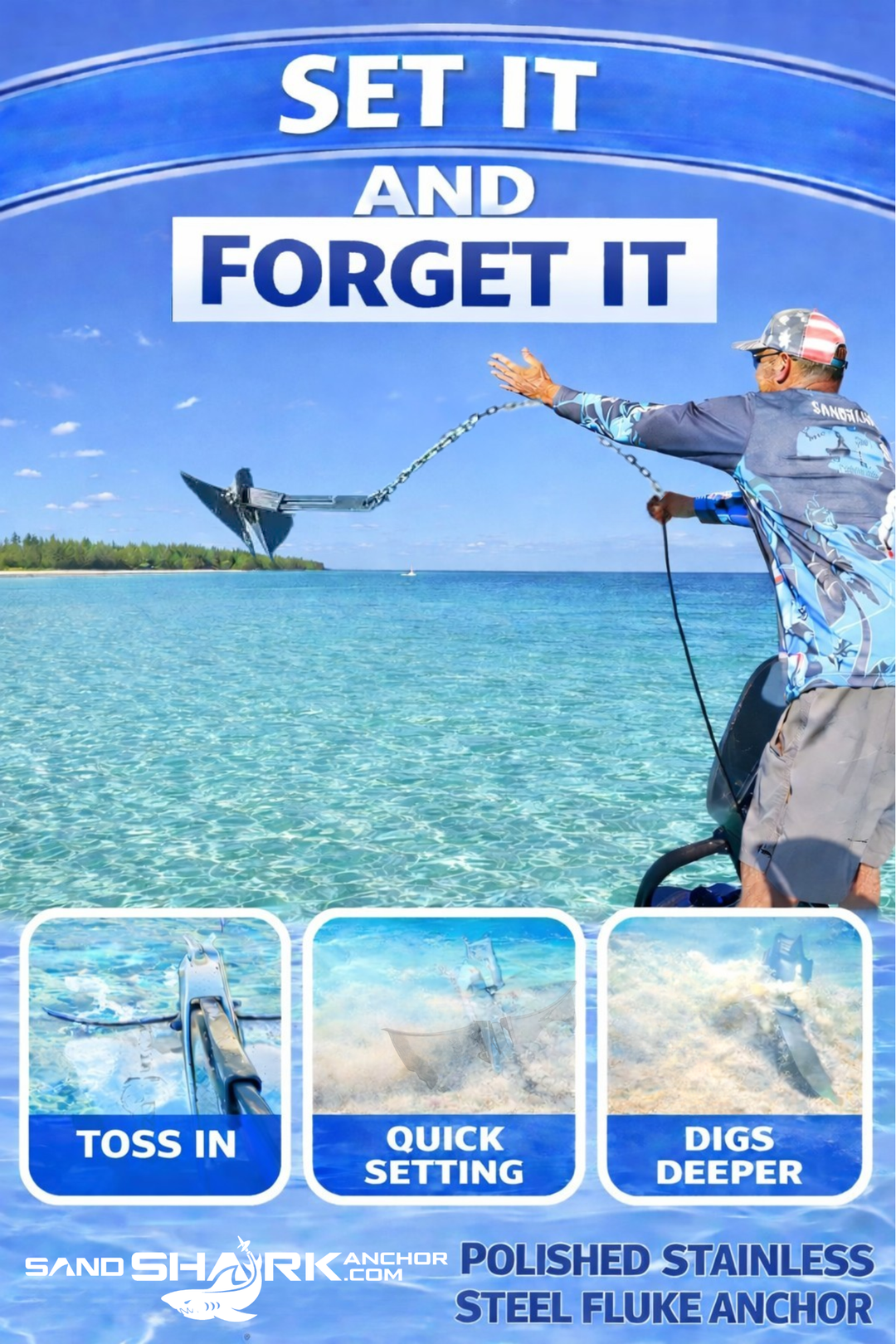 SandShark Premium Stainless Steel Fluke Anchor-Retractable Shaft, Easy Storage-Aluminum Pontoon Boat Anchor, Boats up to 35 ft. Sand Anchor for Boat, Boat Anchor. 12 lbs.