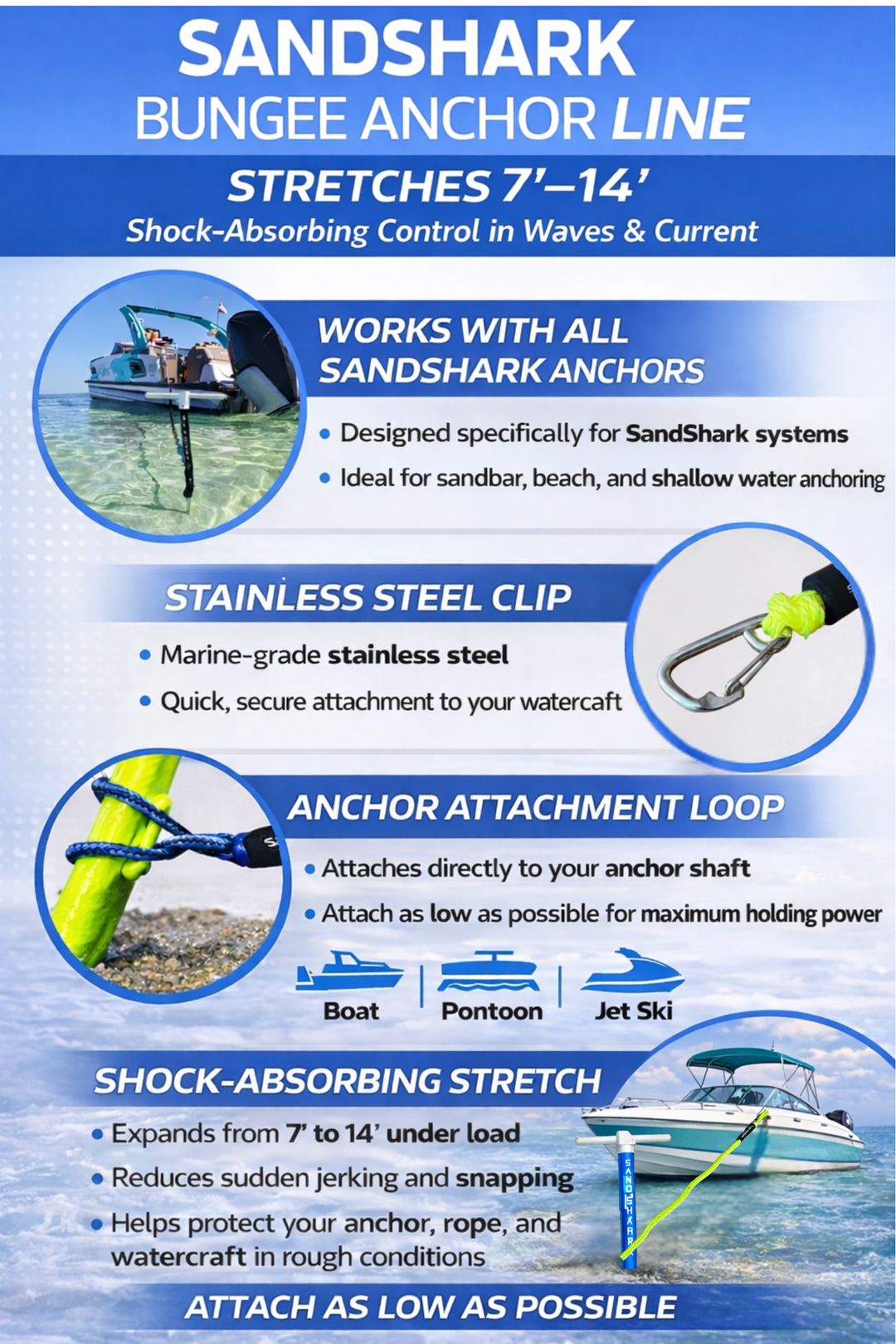 7-14ft Bungee Dock Line, Anchor Line, by Sandshark – Perfect Docking Solution for Boats & Jet Skis