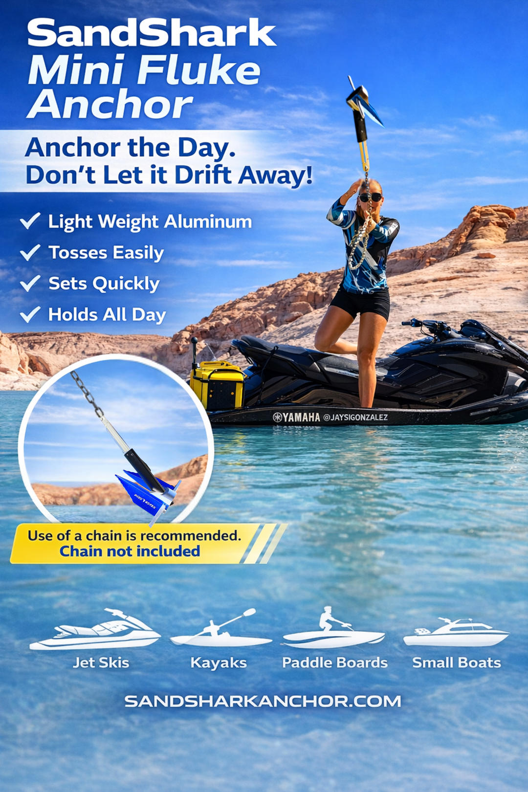Mini Fluke Anchor– Compact, Powerful Anchor for Jet Skis, PWCs, Kayak, & Small Boats (Anchor, Line, Case)