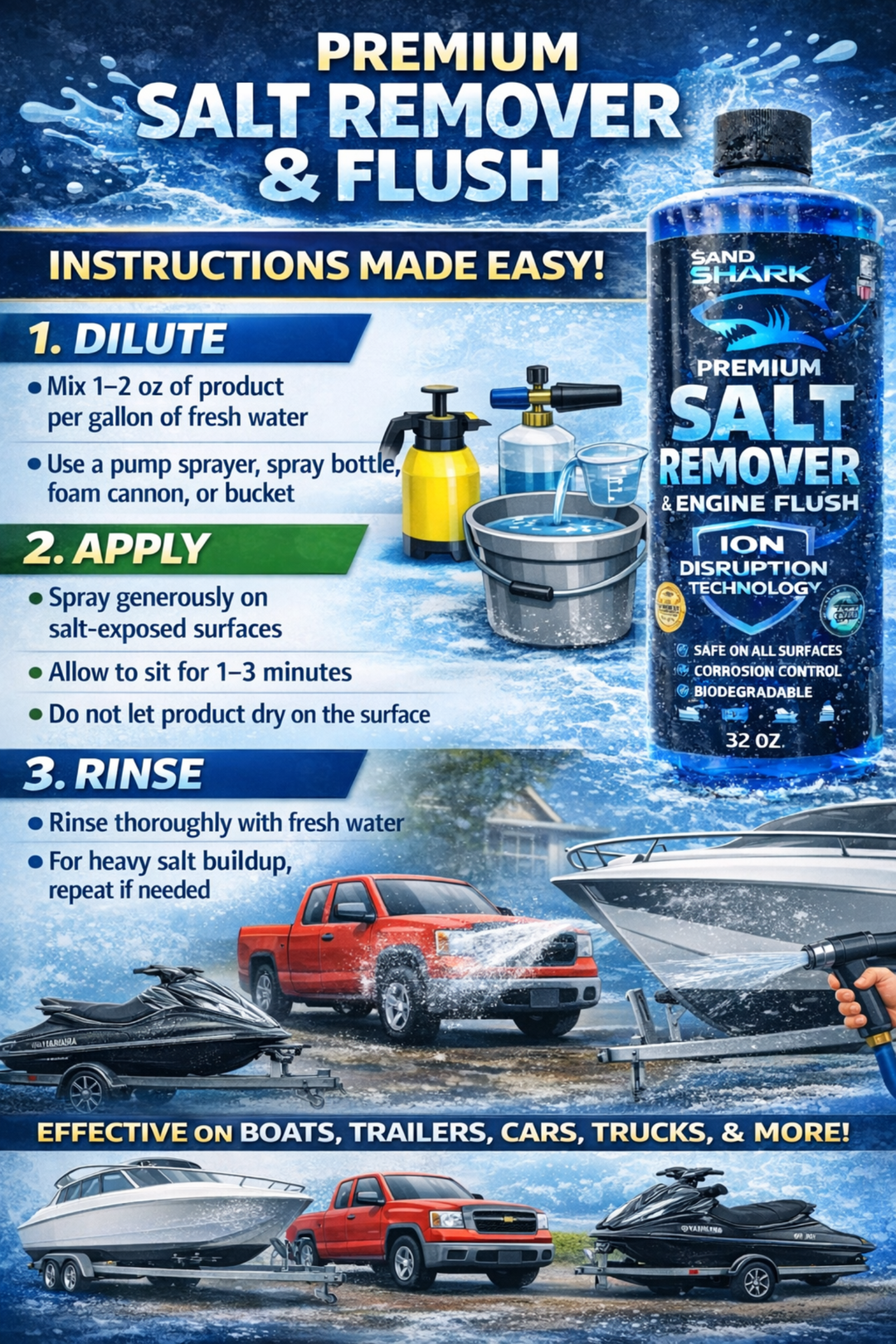 SandShark 2-in-1 Salt Remover & Engine Flush Boat Cleaner – pH-Balanced Formula for Exterior Washing & Engine Flushing, Multi-Surface Marine & Powersports Cleaner, 32 oz