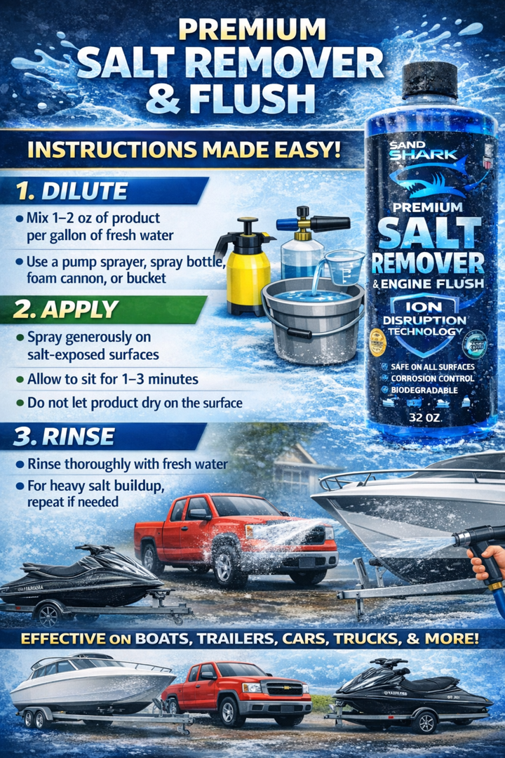 SandShark 2-in-1 Salt Remover & Engine Flush Boat Cleaner – pH-Balanced Formula for Exterior Washing & Engine Flushing, Multi-Surface Marine & Powersports Cleaner, 32 oz