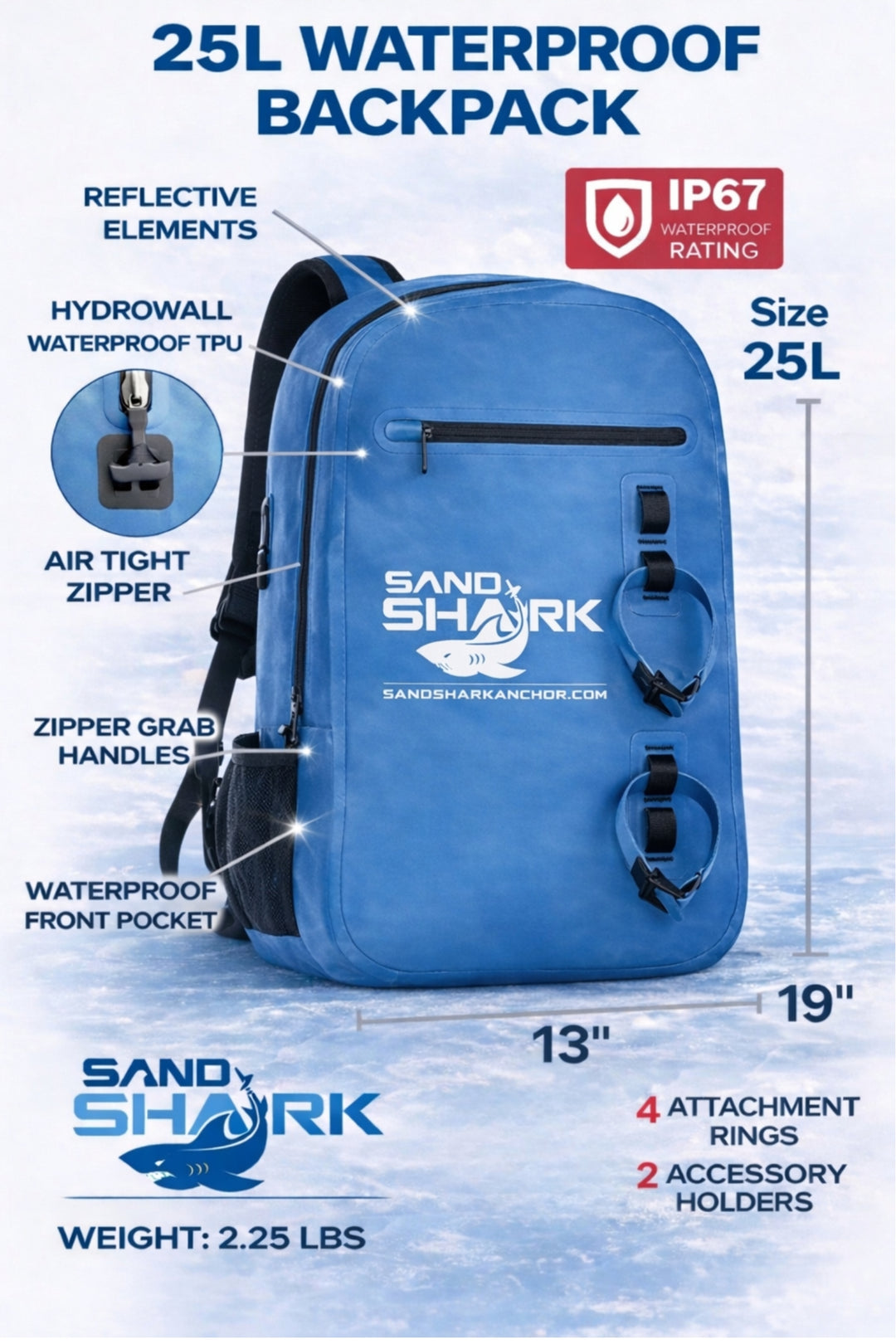 SandShark 25L Waterproof Backpack – IP67 Submersible Backpack with Airtight Zipper, TPU Shell, Laptop Sleeve – Waterproof Dry Bag for Boating, Beach, Swim, Travel & Water Sports