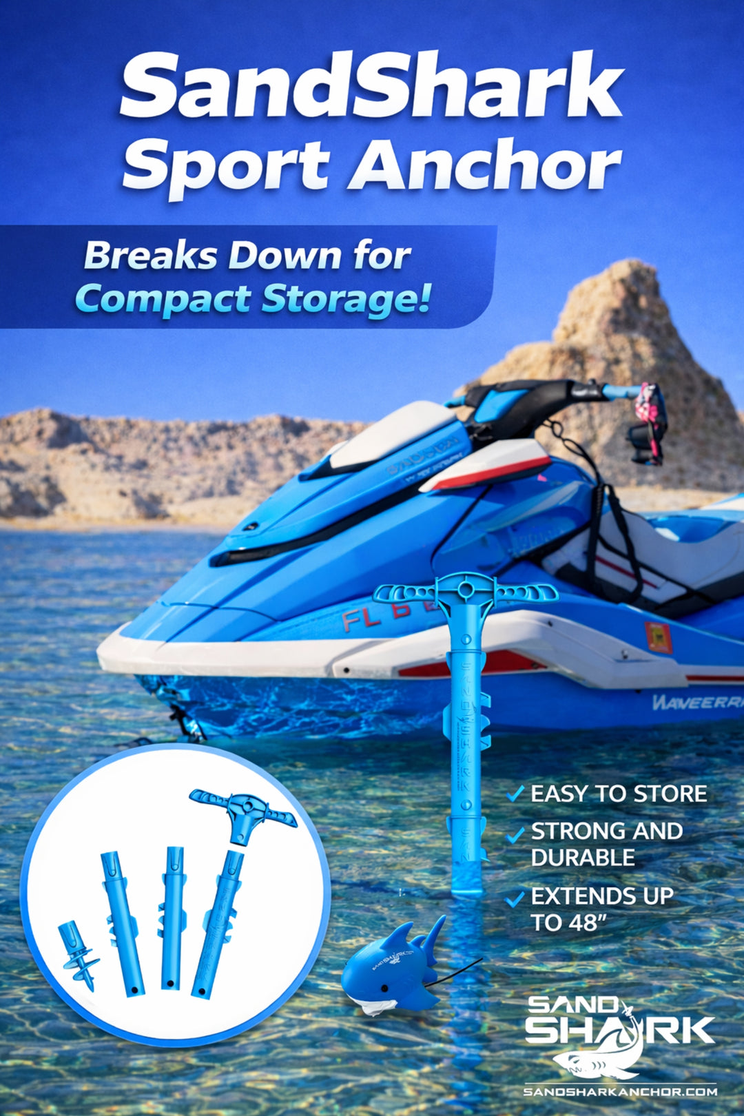 Sport Anchor - Shallow Water Anchor Pole for Boats and PWC. Easy Storage, High-Strength ABS (4' tall)