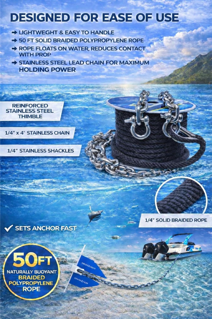 SandShark 50ft x 1/4in Solid Braid Anchor Line, 4ft Stainless Steel Anchor Chain, All in One line and Chain Bundle, Works with All Anchors and Boats.