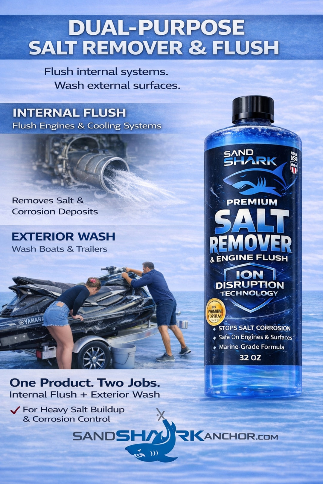 SandShark 2-in-1 Salt Remover & Engine Flush Boat Cleaner – pH-Balanced Formula for Exterior Washing & Engine Flushing, Multi-Surface Marine & Powersports Cleaner, 32 oz