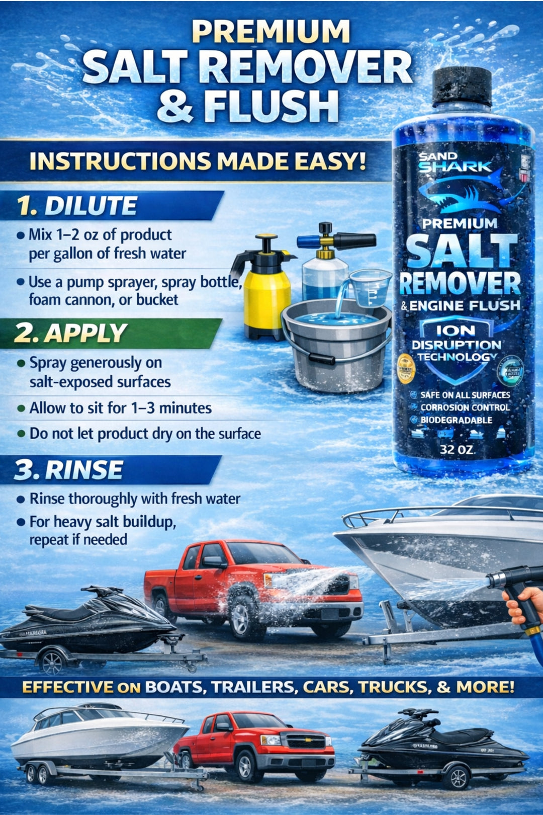 SandShark 2-in-1 Salt Remover & Engine Flush Boat Cleaner – pH-Balanced Formula for Exterior Washing & Engine Flushing, Multi-Surface Marine & Powersports Cleaner, 32 oz