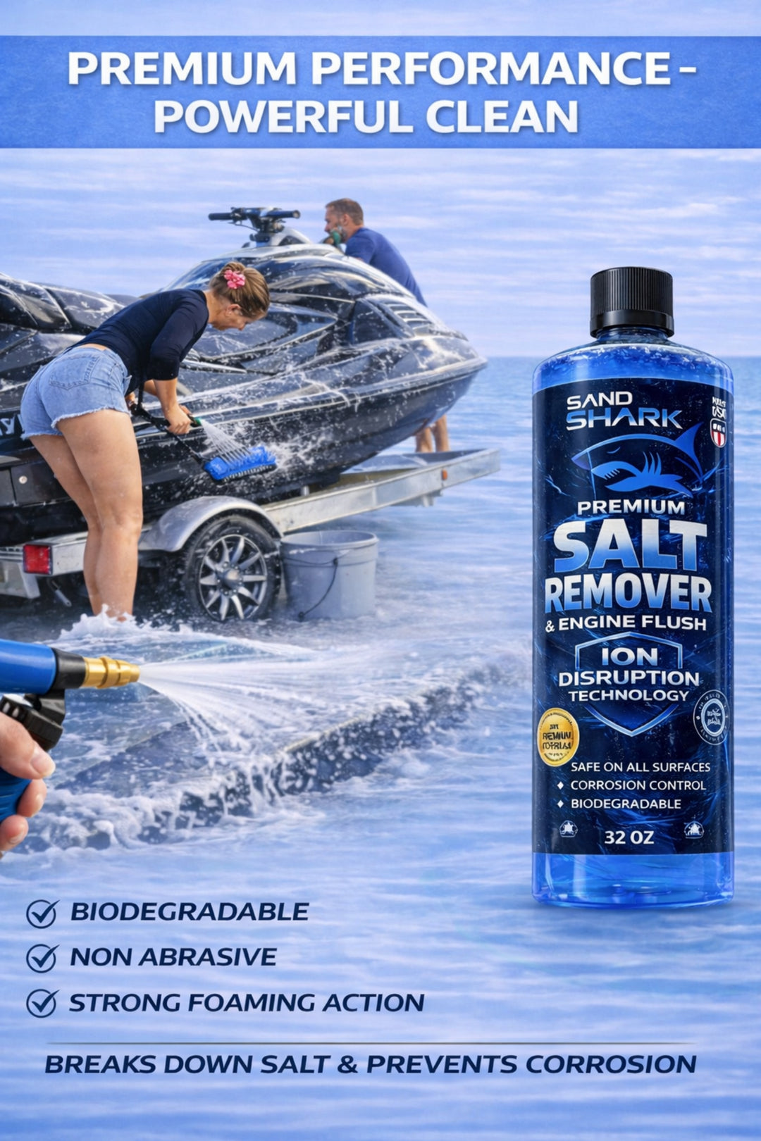 SandShark 2-in-1 Salt Remover & Engine Flush Boat Cleaner – pH-Balanced Formula for Exterior Washing & Engine Flushing, Multi-Surface Marine & Powersports Cleaner, 32 oz