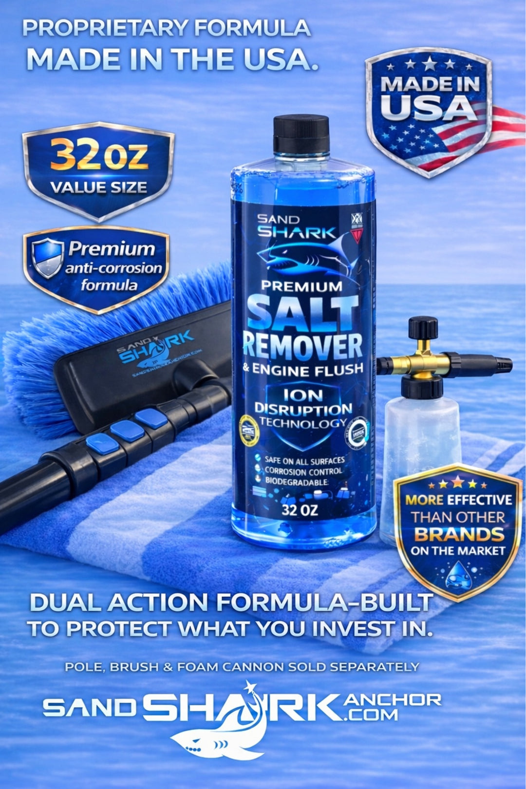 SandShark 2-in-1 Salt Remover & Engine Flush Boat Cleaner – pH-Balanced Formula for Exterior Washing & Engine Flushing, Multi-Surface Marine & Powersports Cleaner, 32 oz