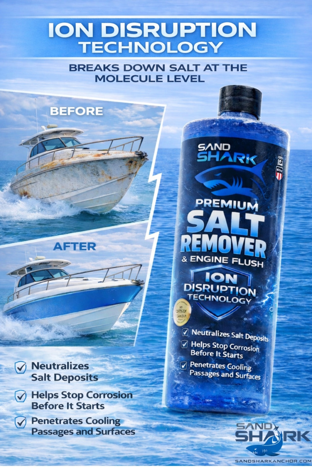 SandShark 2-in-1 Salt Remover & Engine Flush Boat Cleaner – pH-Balanced Formula for Exterior Washing & Engine Flushing, Multi-Surface Marine & Powersports Cleaner, 32 oz
