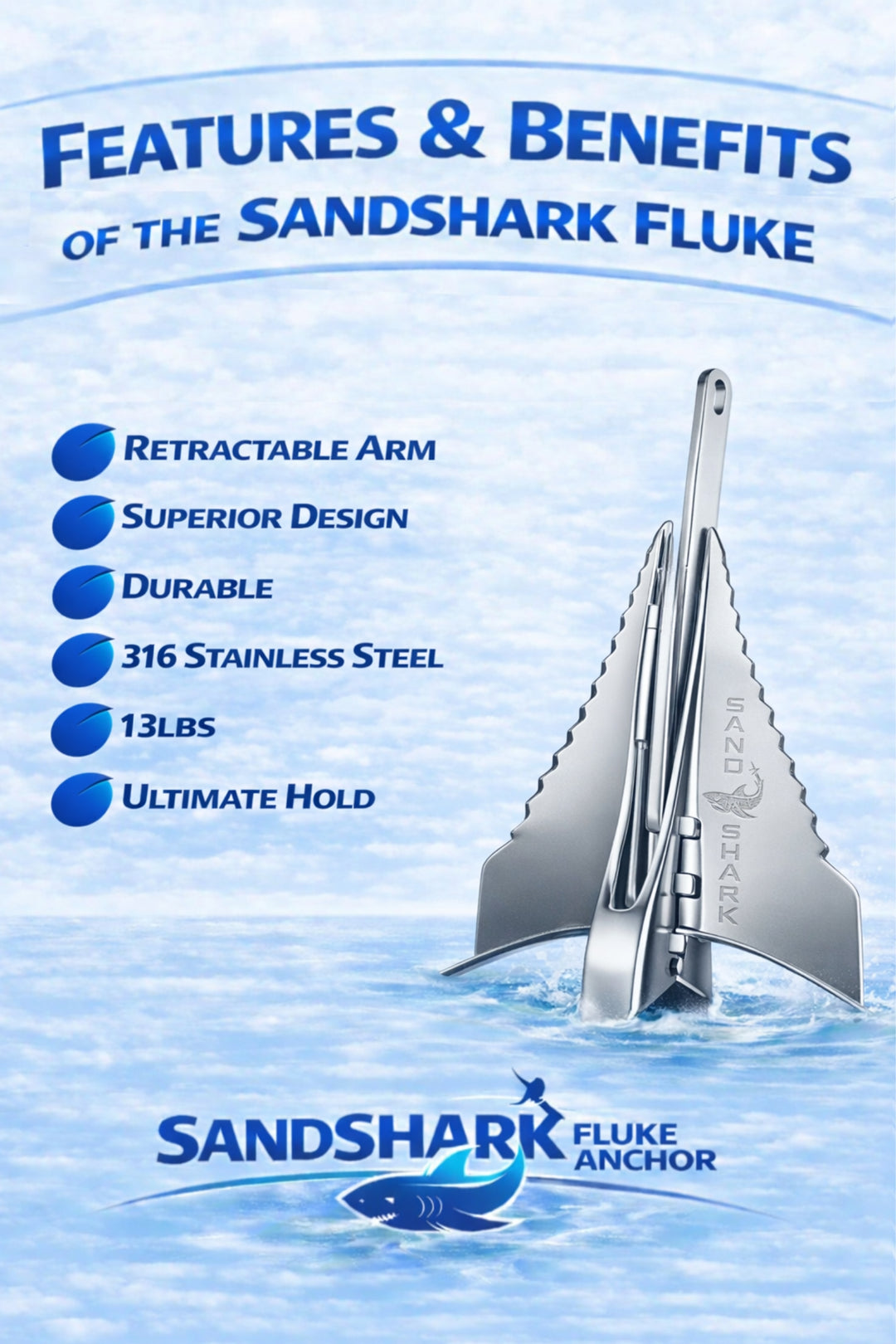 SandShark Premium Stainless Steel Fluke Anchor-Retractable Shaft, Easy Storage-Aluminum Pontoon Boat Anchor, Boats up to 35 ft. Sand Anchor for Boat, Boat Anchor. 13 lbs.