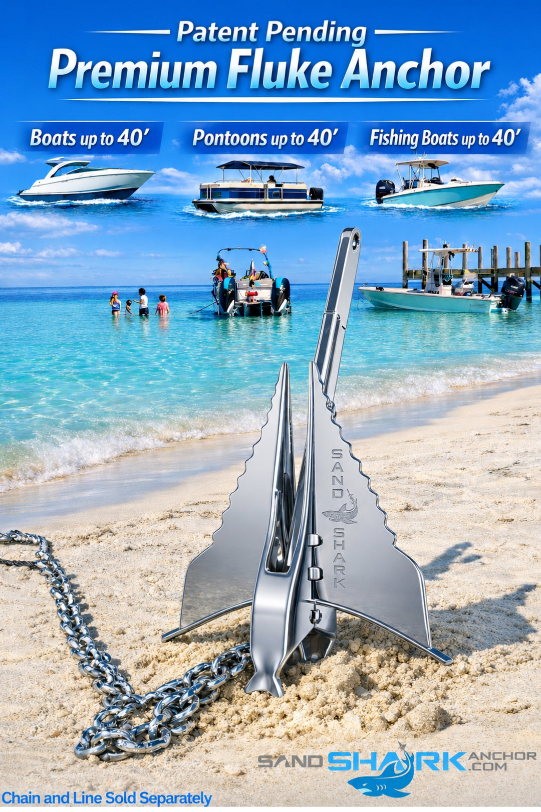 SandShark Premium Stainless Steel Fluke Anchor-Retractable Shaft, Easy Storage-Aluminum Pontoon Boat Anchor, Boats up to 35 ft. Sand Anchor for Boat, Boat Anchor. 13 lbs.