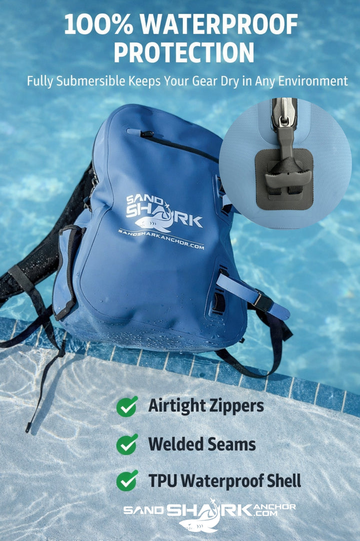 SandShark 25L Waterproof Backpack – IP67 Submersible Backpack with Airtight Zipper, TPU Shell, Laptop Sleeve – Waterproof Dry Bag for Boating, Beach, Swim, Travel & Water Sports