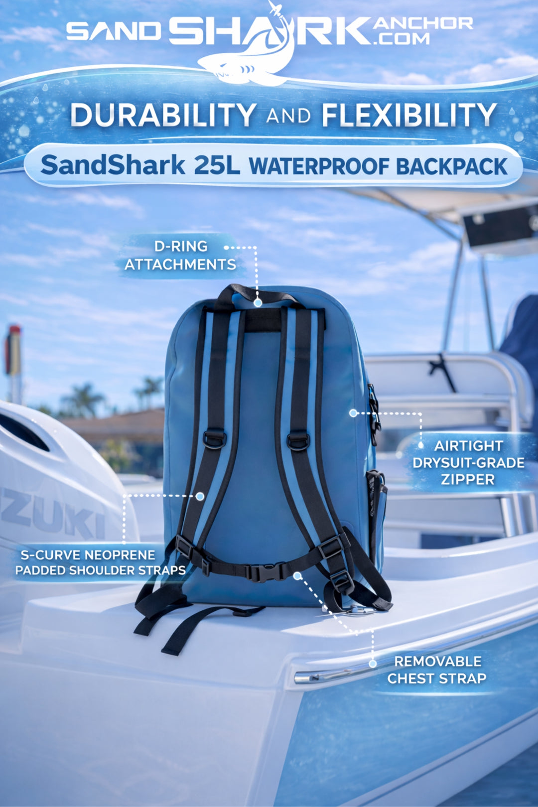 SandShark 25L Waterproof Backpack – IP67 Submersible Backpack with Airtight Zipper, TPU Shell, Laptop Sleeve – Waterproof Dry Bag for Boating, Beach, Swim, Travel & Water Sports