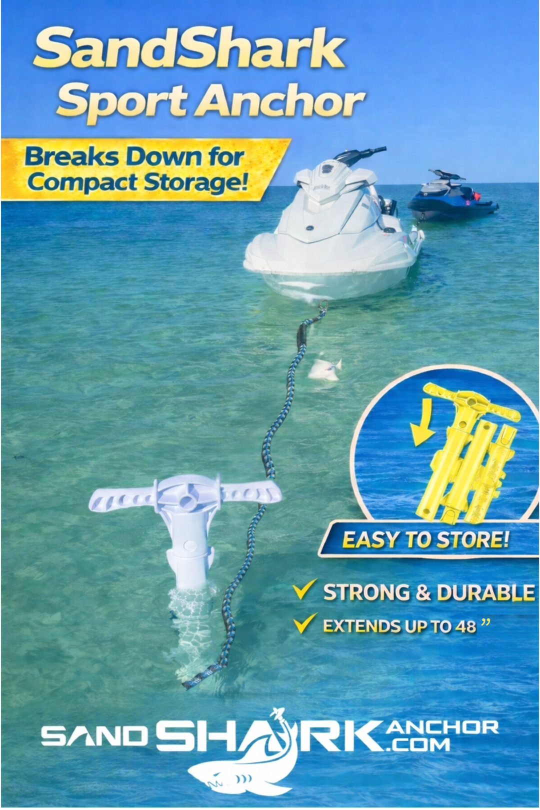 Sport Anchor - Shallow Water Anchor Pole for Boats and PWC. Easy Storage, High-Strength ABS (4' tall)